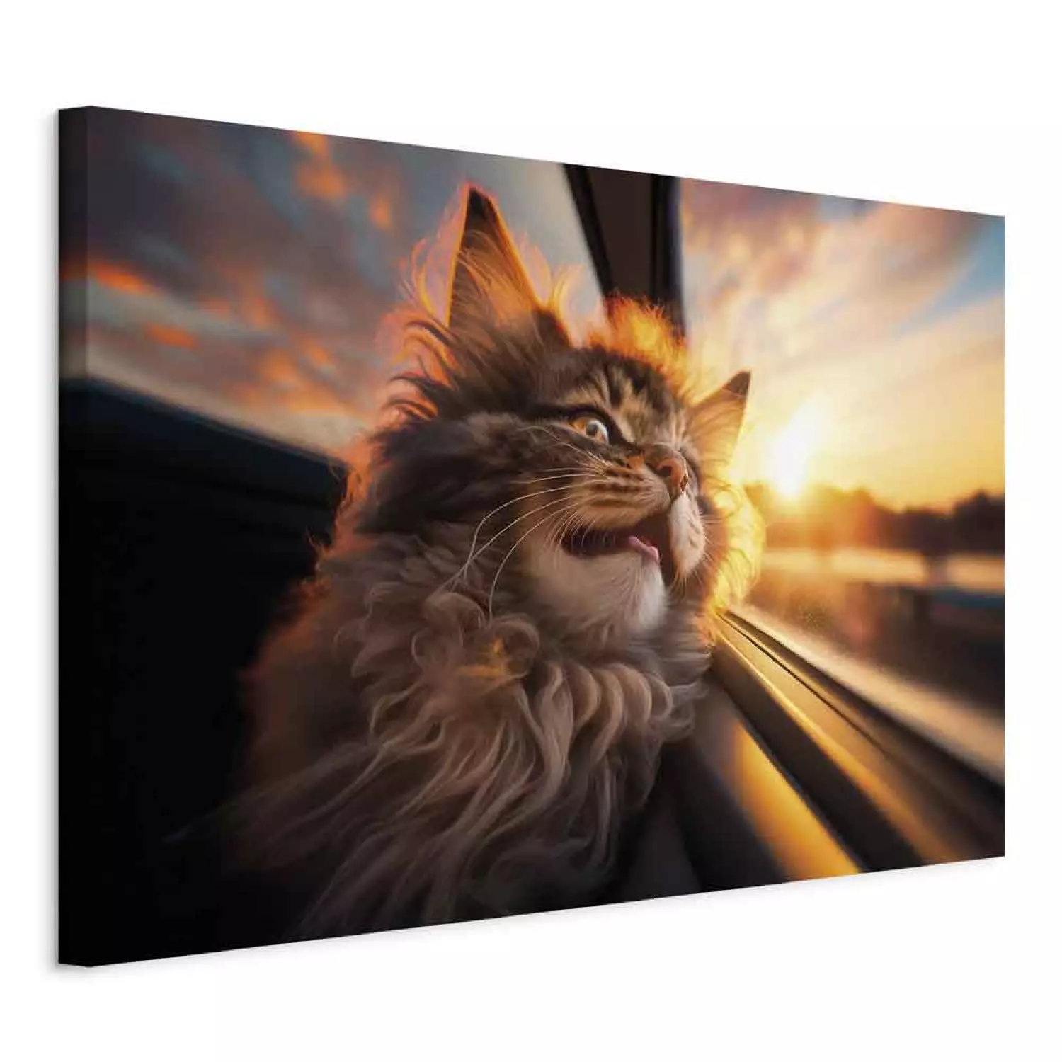 Canvas Art Print AI Maine Coon Cat - Animal on a Journey to the Setting Sun - Horizontal