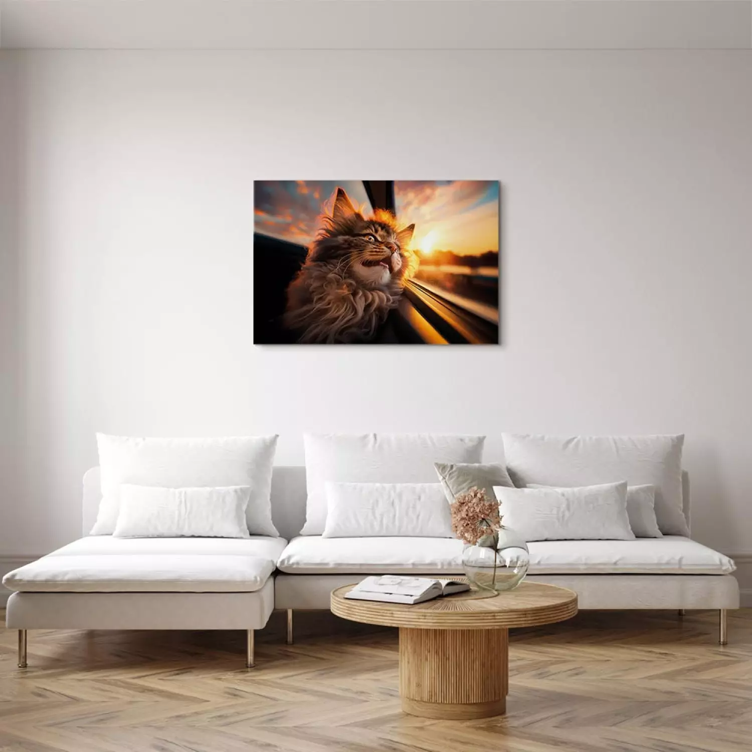 Canvas Art Print AI Maine Coon Cat - Animal on a Journey to the Setting Sun - Horizontal