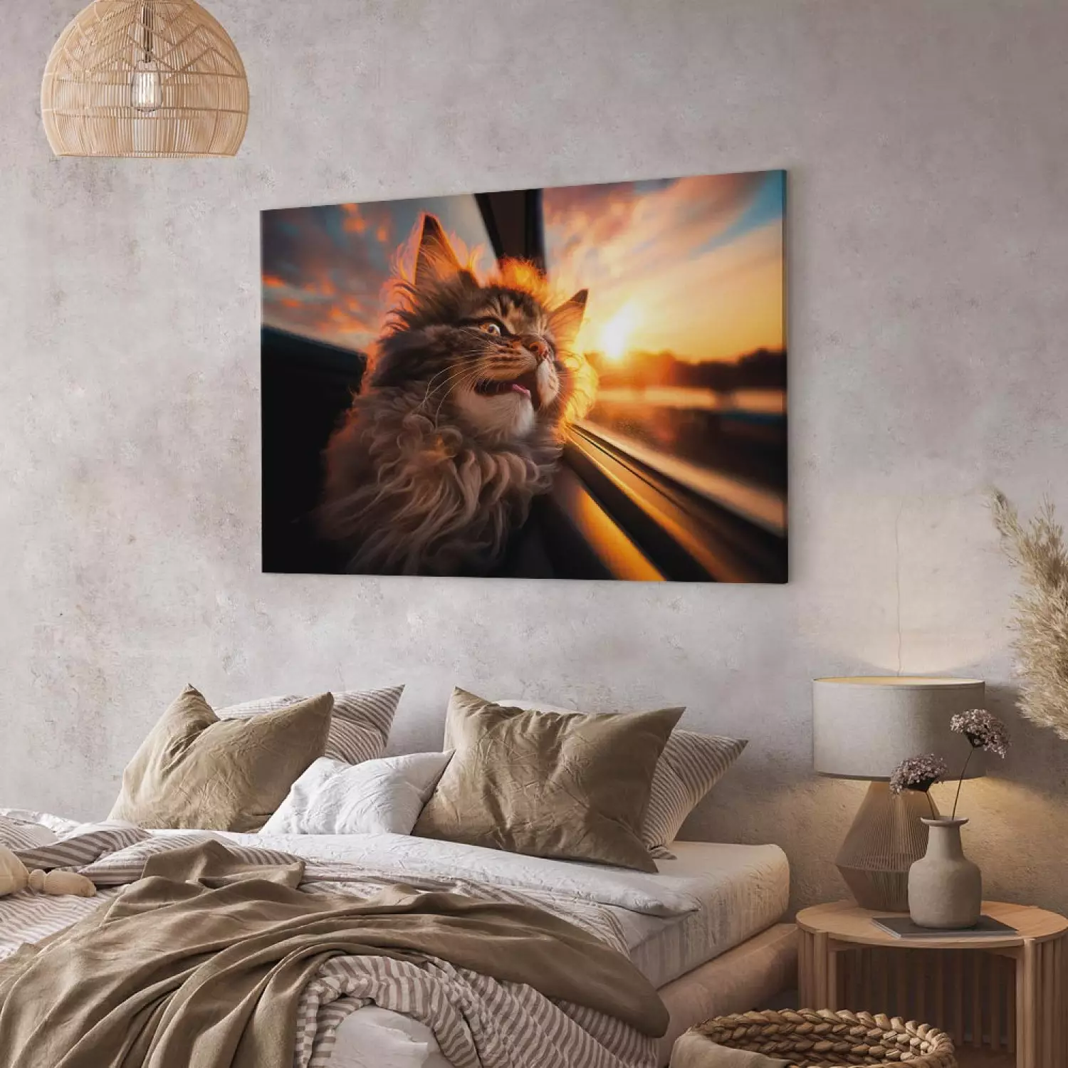 Canvas Art Print AI Maine Coon Cat - Animal on a Journey to the Setting Sun - Horizontal