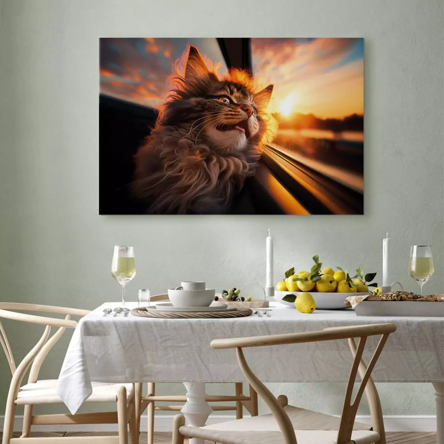 Canvas Art Print AI Maine Coon Cat - Animal on a Journey to the Setting Sun - Horizontal