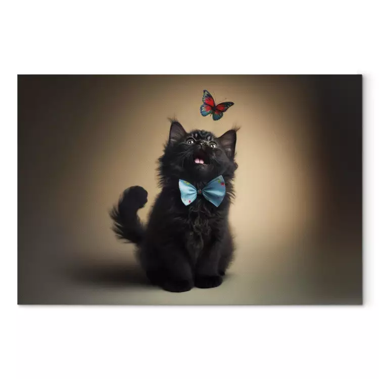 Canvas AI Cat - Animal in a Bow Tie Watching a Colorful Butterfly - Horizontal
