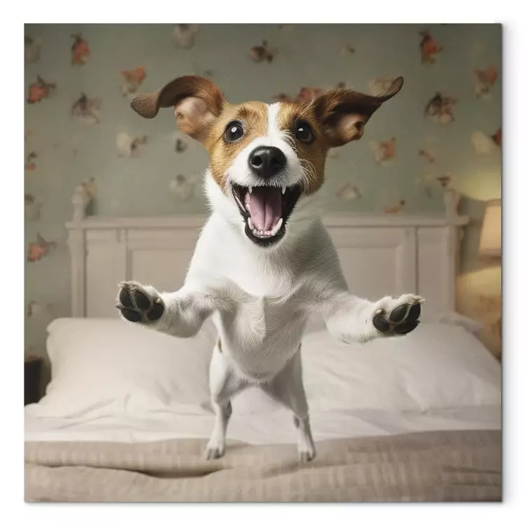 Canvas AI Dog Jack Russell Terrier - Joyful Animal Jumping From Bed Into Owner’s Arms - Square