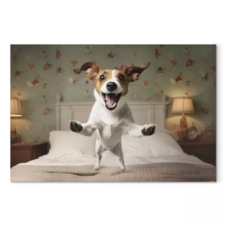 Canvas AI Dog Jack Russell Terrier - Joyful Animal Jumping From Bed Into Owner’s Arms - Horizontal