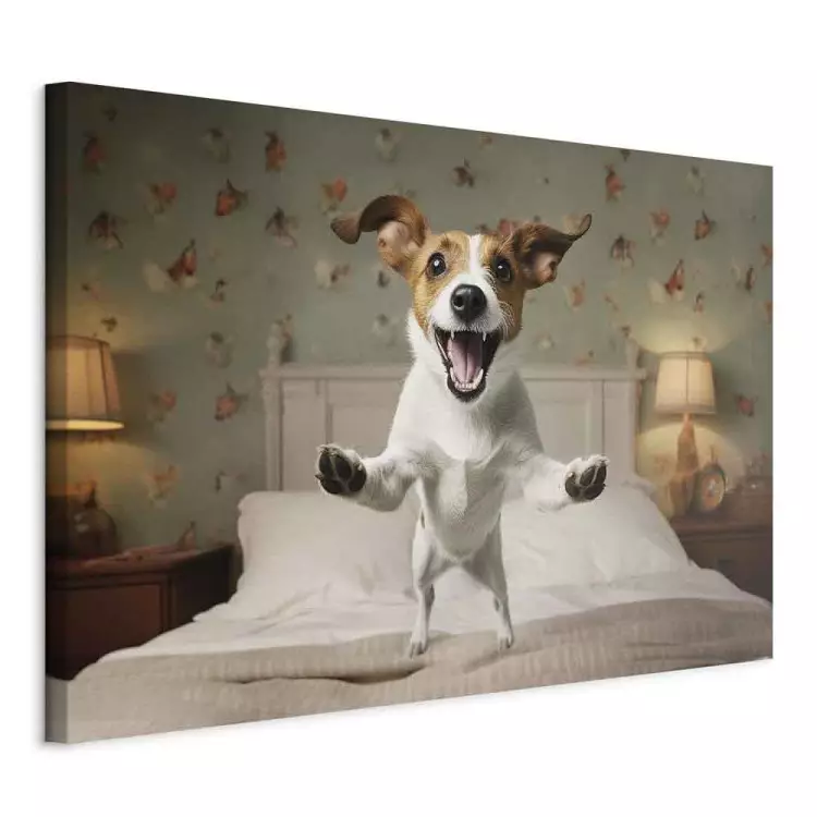 AI Dog Jack Russell Terrier - Joyful Animal Jumping From Bed Into Owner’s Arms - Horizontal