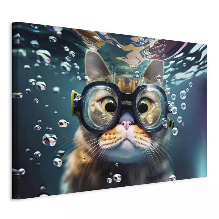 AI Cat - Diving Animal in Goggles Among Bubbles - Horizontal