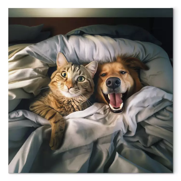 Canvas AI Golden Retriever Dog and Tabby Cat - Animals Resting in Comfortable Bedding - Square