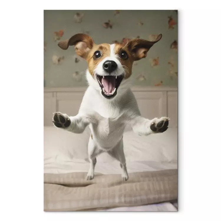Canvas AI Dog Jack Russell Terrier - Joyful Animal Jumping From Bed Into Owner’s Arms - Vertical