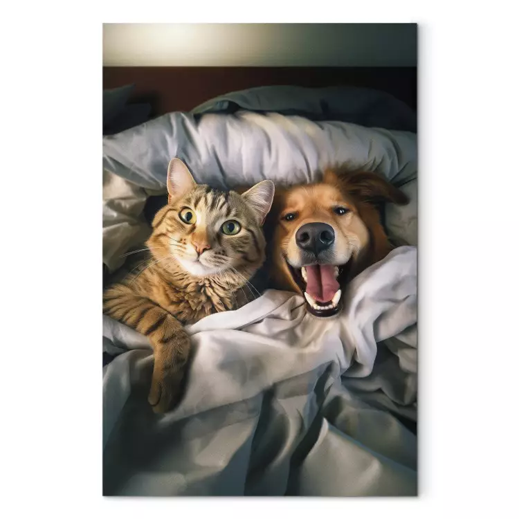 Canvas AI Golden Retriever Dog and Tabby Cat - Animals Resting in Comfortable Bedding - Vertical