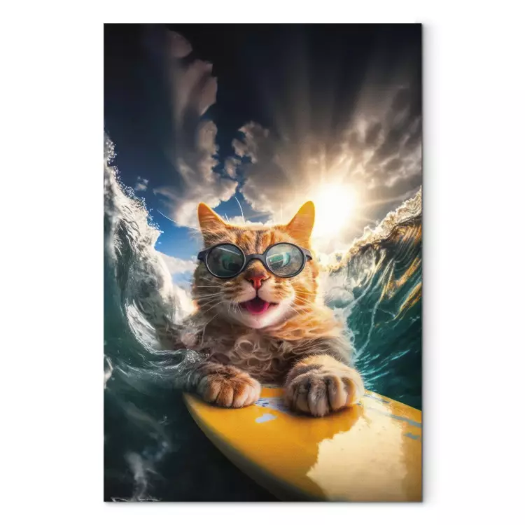 Canvas AI Cat - Ginger Animal Surfing on a Board in a Stormy Sea - Vertical