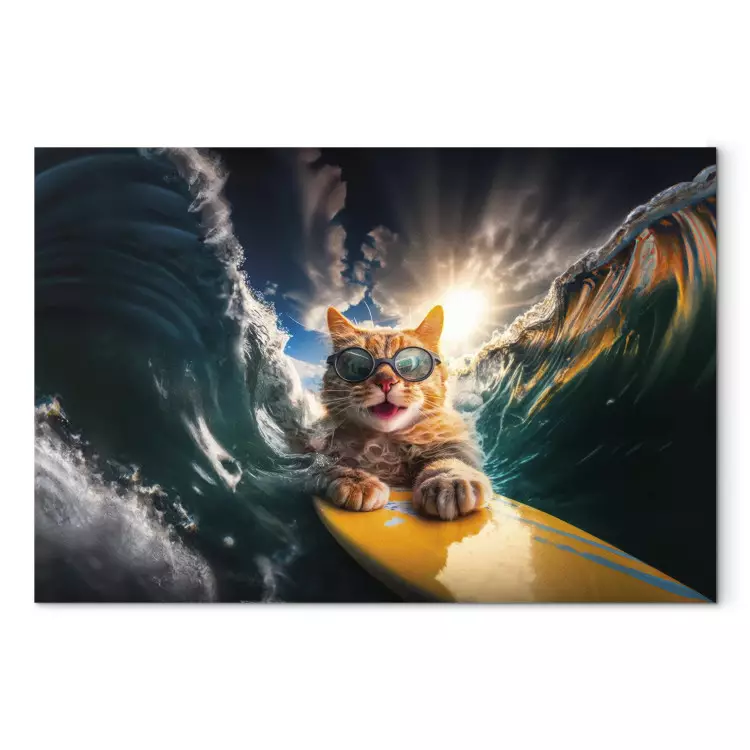 Canvas AI Cat - Ginger Animal Surfing on a Board in a Stormy Sea - Horizontal