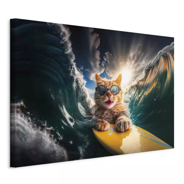 AI Cat - Ginger Animal Surfing on a Board in a Stormy Sea - Horizontal