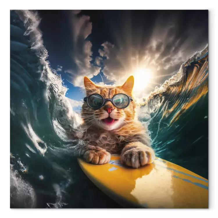 Canvas AI Cat - Ginger Animal Surfing on a Board in a Stormy Sea - Square