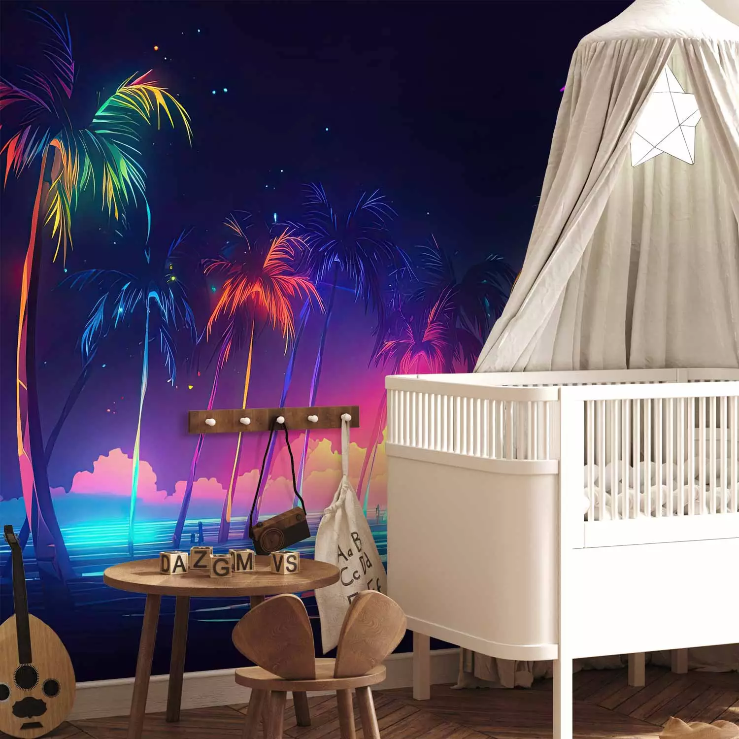 Wall Mural Beach and Colors - Ocean and Tropical Palm Trees With Neon Lights