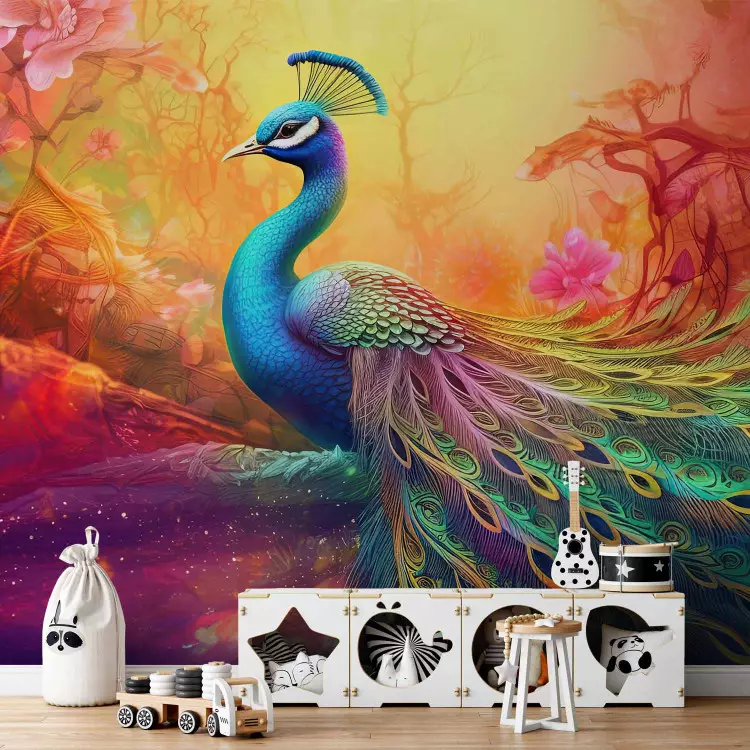 Rainbow Bird - An Illustrated Peacock on a Background of Multicolored Flowers
