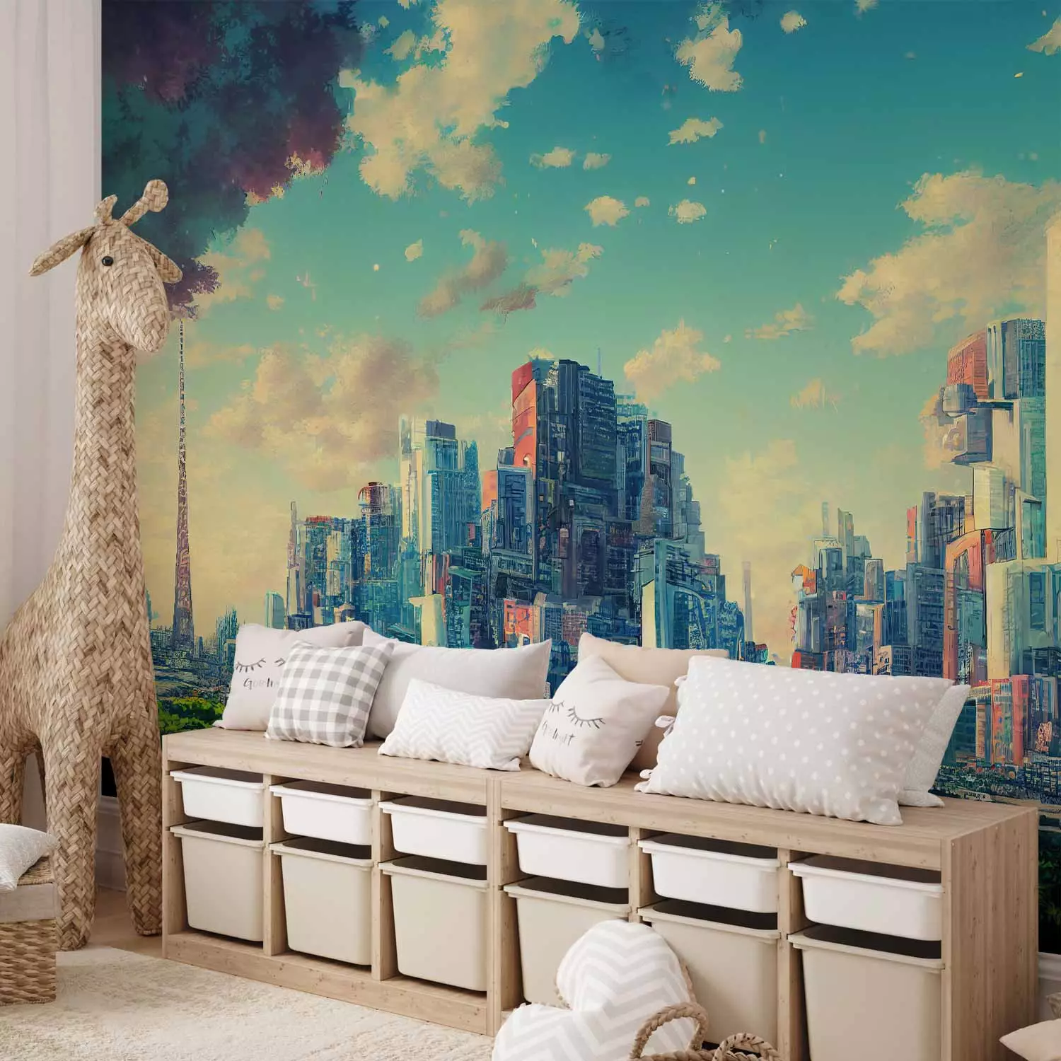Wall Mural Futuristic City - Urban Landscape Stylized as a Video Game