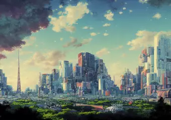 Wall Mural Futuristic City - Urban Landscape Stylized as a Video Game Wallpaper Cropper