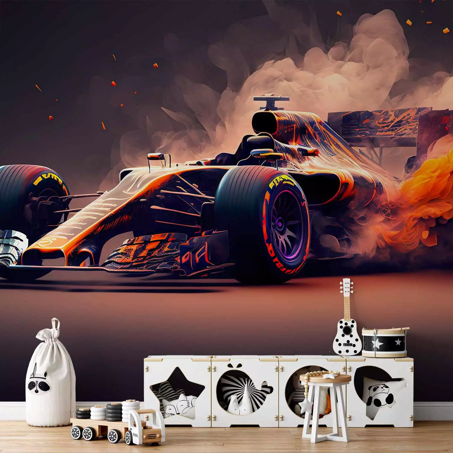 Wall Mural Fiery Racer - A Flaming Formula 1 Car Inspired by Video Games