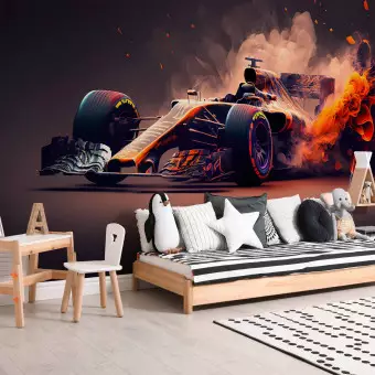 Wall Mural Fiery Racer - A Flaming Formula 1 Car Inspired by Video Games