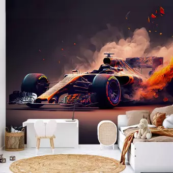 Wall Mural Fiery Racer - A Flaming Formula 1 Car Inspired by Video Games