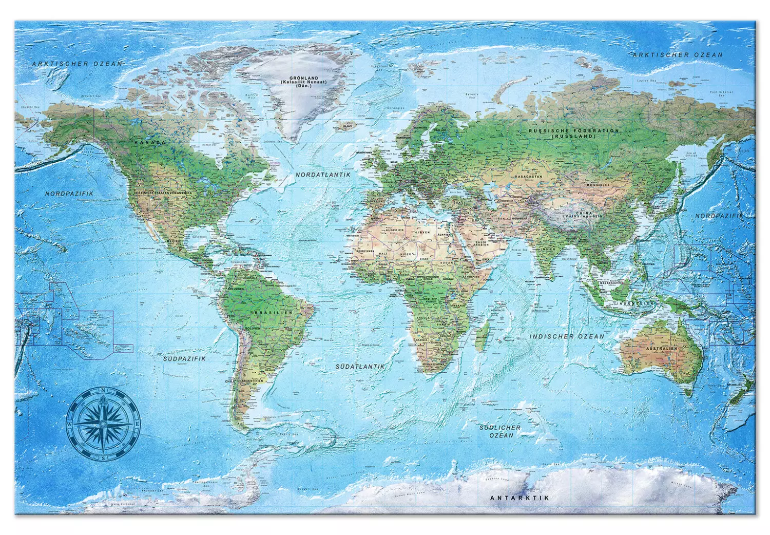 Large canvas print World Map with Compass - political world map