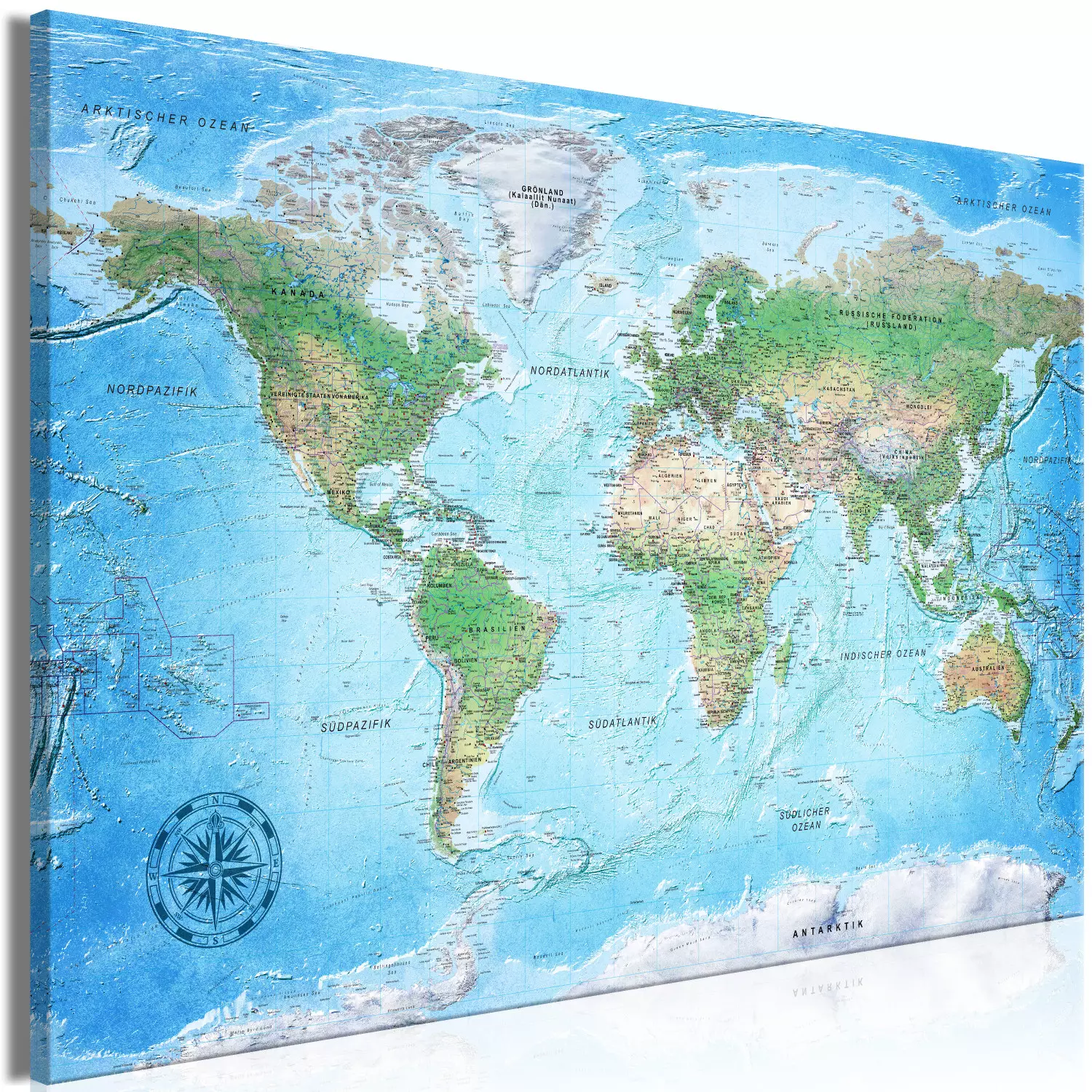 Large canvas print World Map with Compass - political world map
