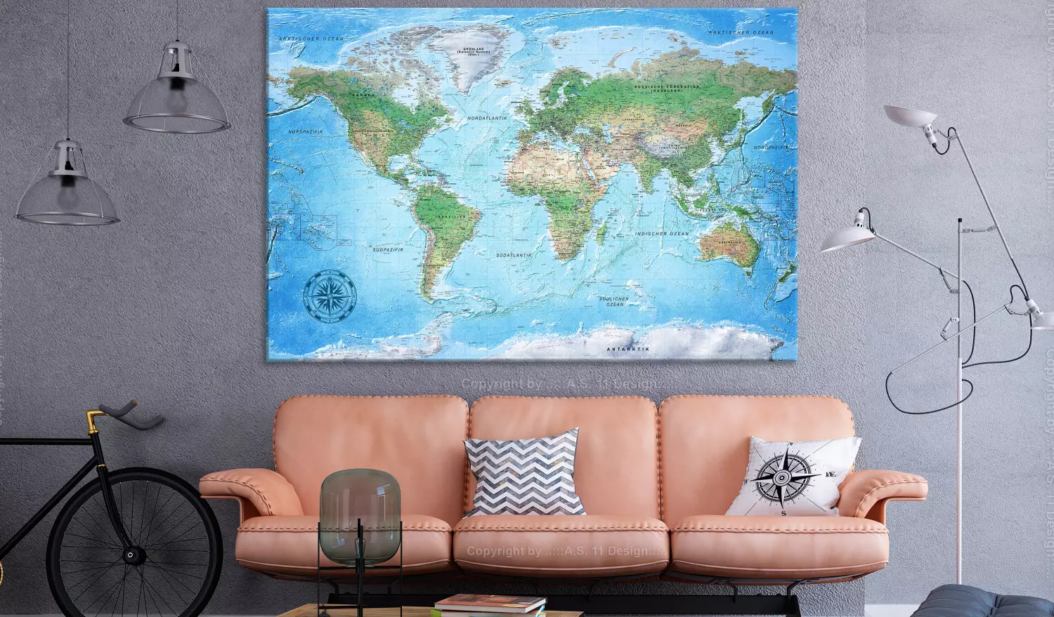 Large canvas print World Map with Compass - political world map
