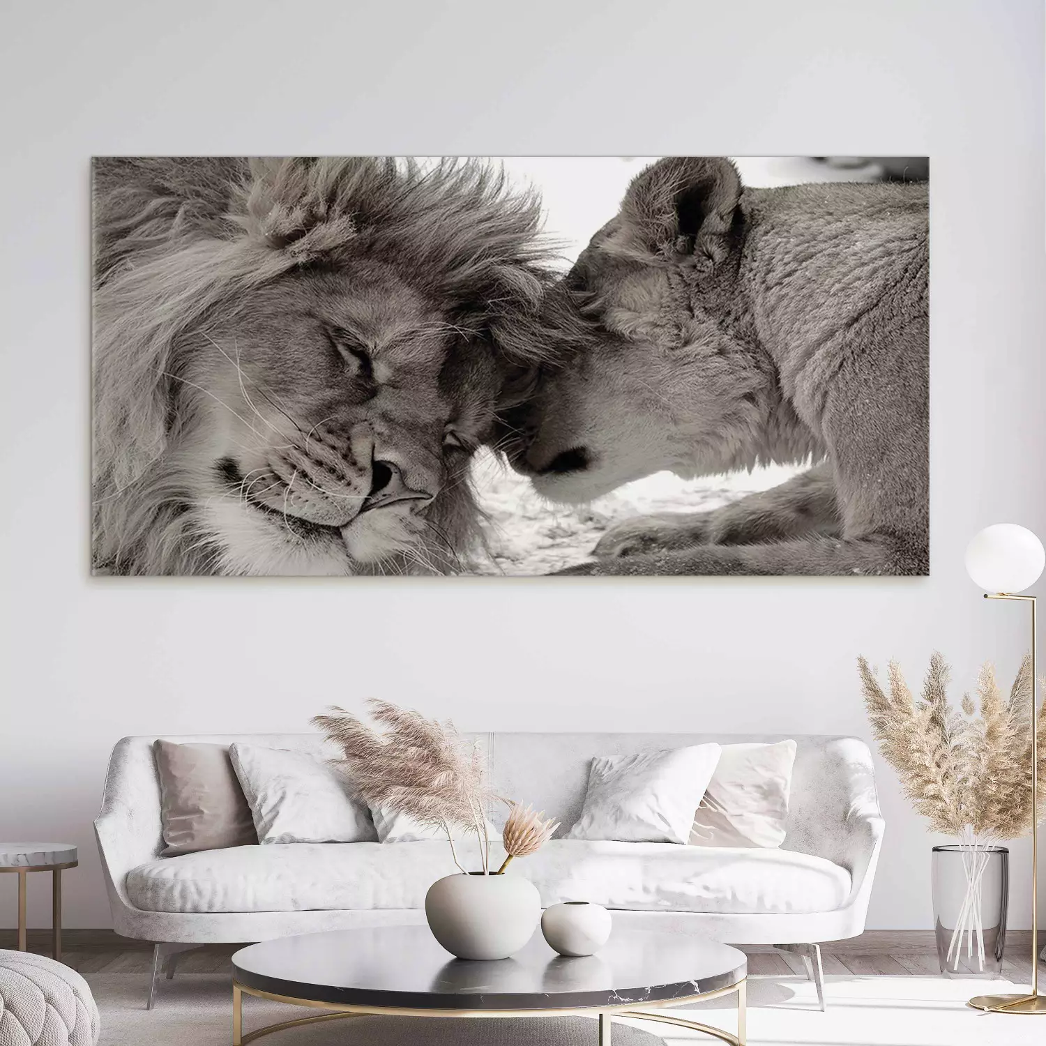 Large canvas print Moment of Rest on the Savannah II - Lions Cuddling