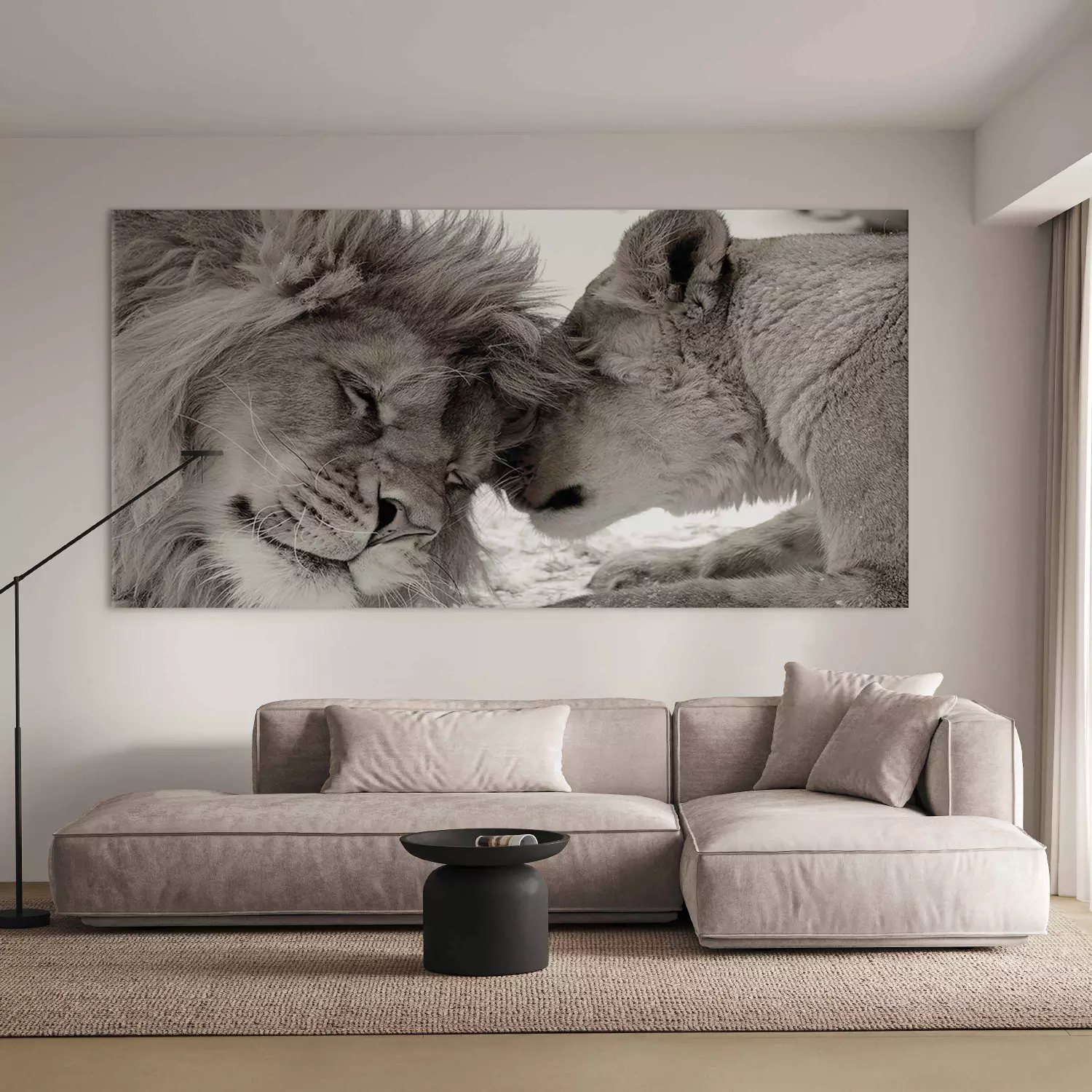 Large canvas print Moment of Rest on the Savannah II - Lions Cuddling