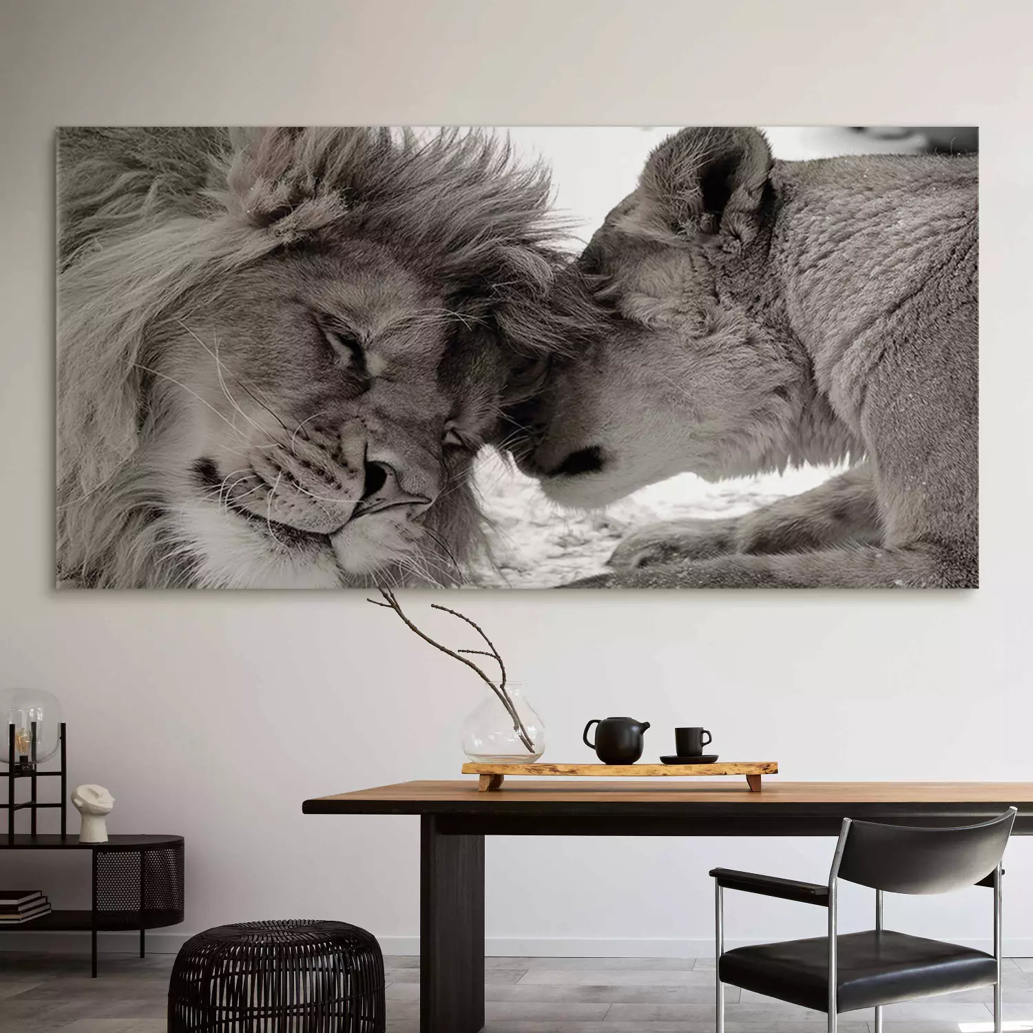 Large canvas print Moment of Rest on the Savannah II - Lions Cuddling