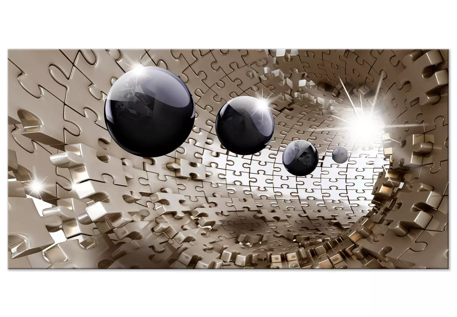 Large canvas print Puzzle Tunnel II - Composition in Silver Colors with Black Spheres