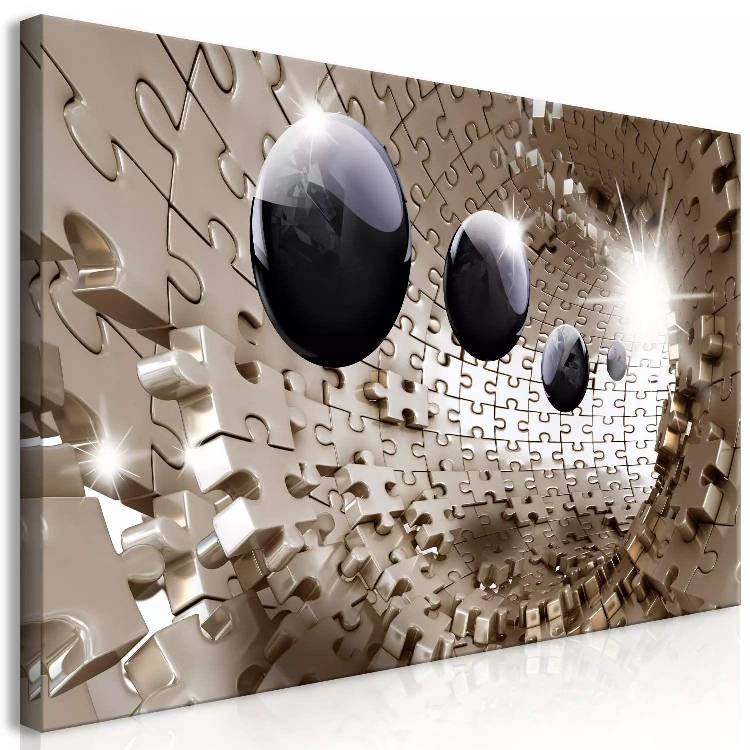 Large canvas print Puzzle Tunnel II - Composition in Silver Colors with Black Spheres