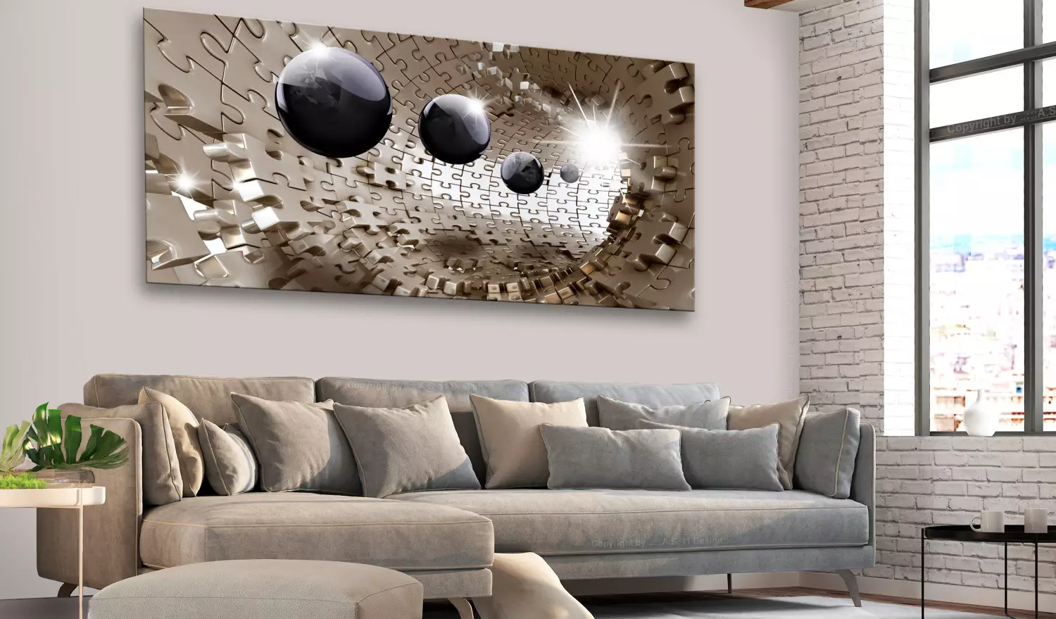 Large canvas print Puzzle Tunnel II - Composition in Silver Colors with Black Spheres