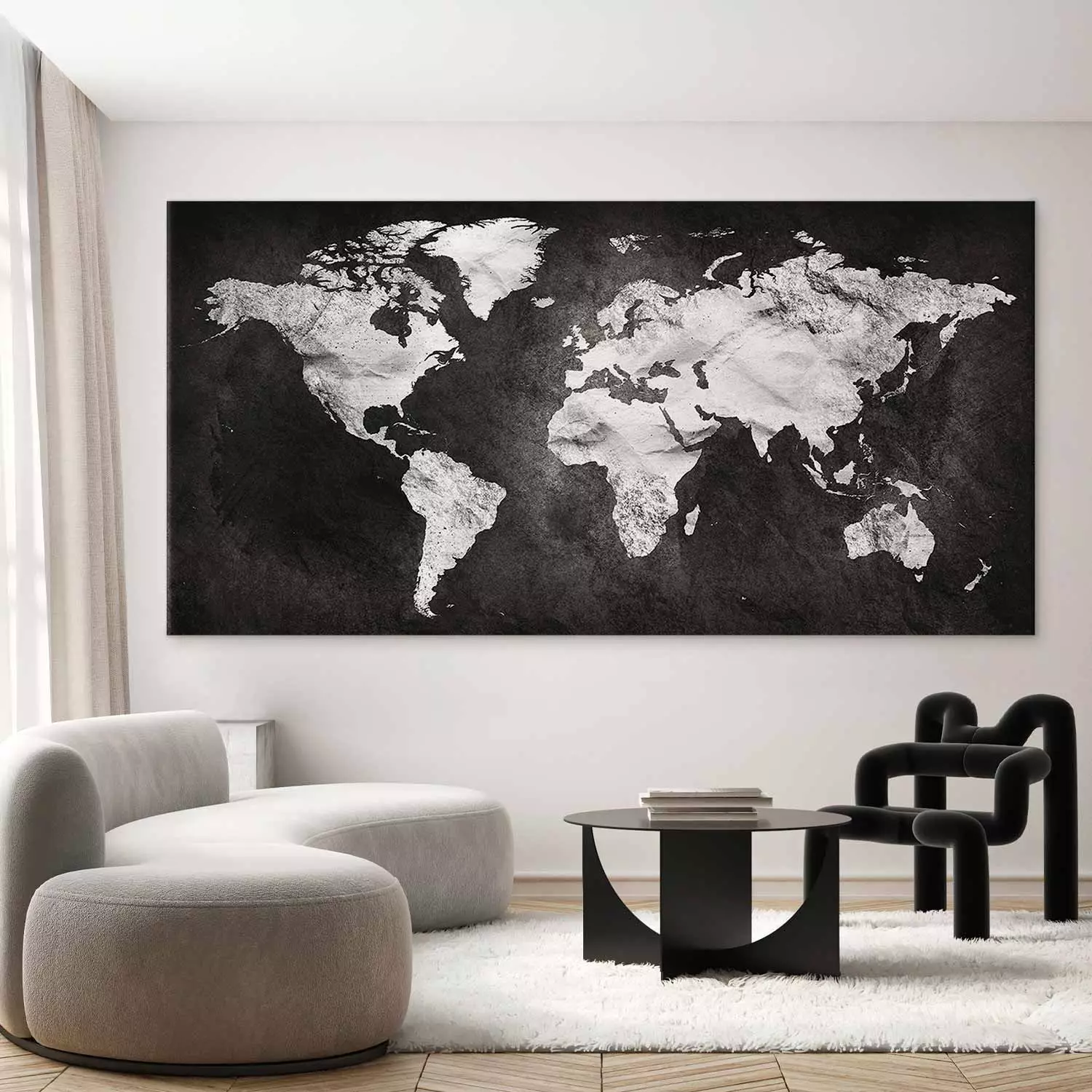 Large canvas print Black and White World Map II - white continents on a black background