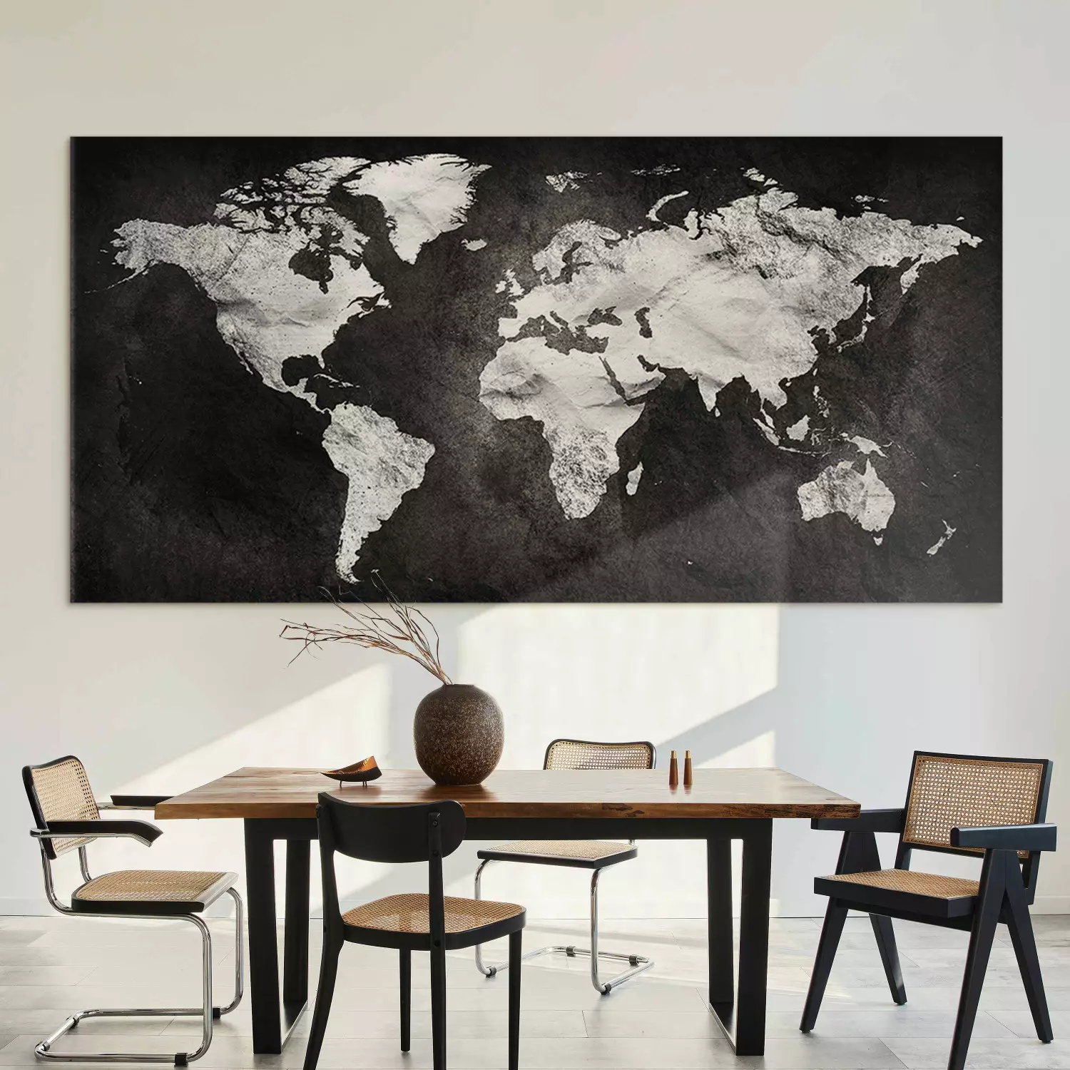 Large canvas print Black and White World Map II - white continents on a black background