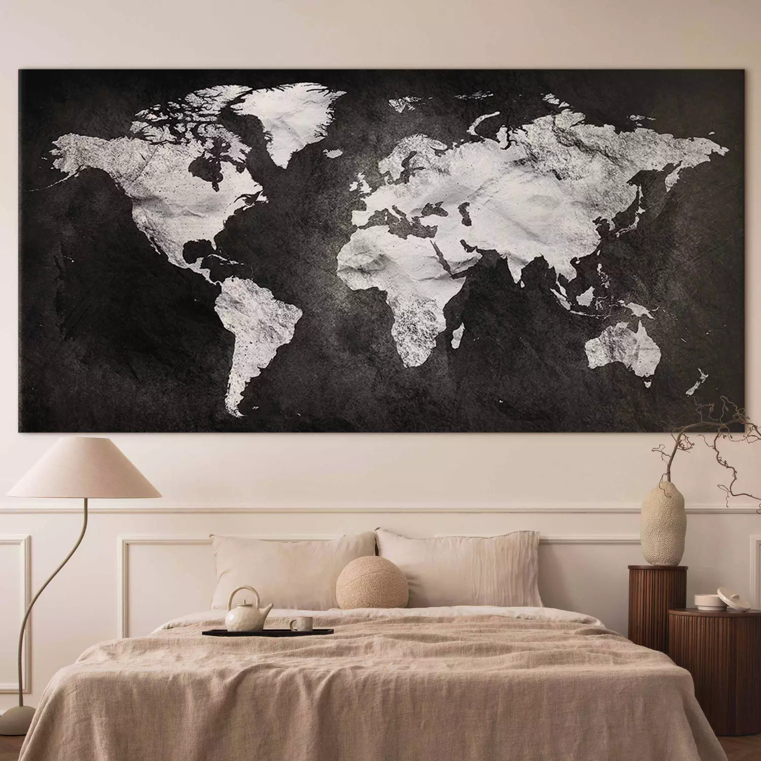 Large canvas print Black and White World Map II - white continents on a black background