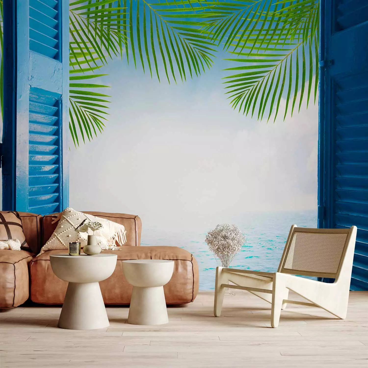 Wall Mural Ocean view - open wooden shutters overlooking palm trees