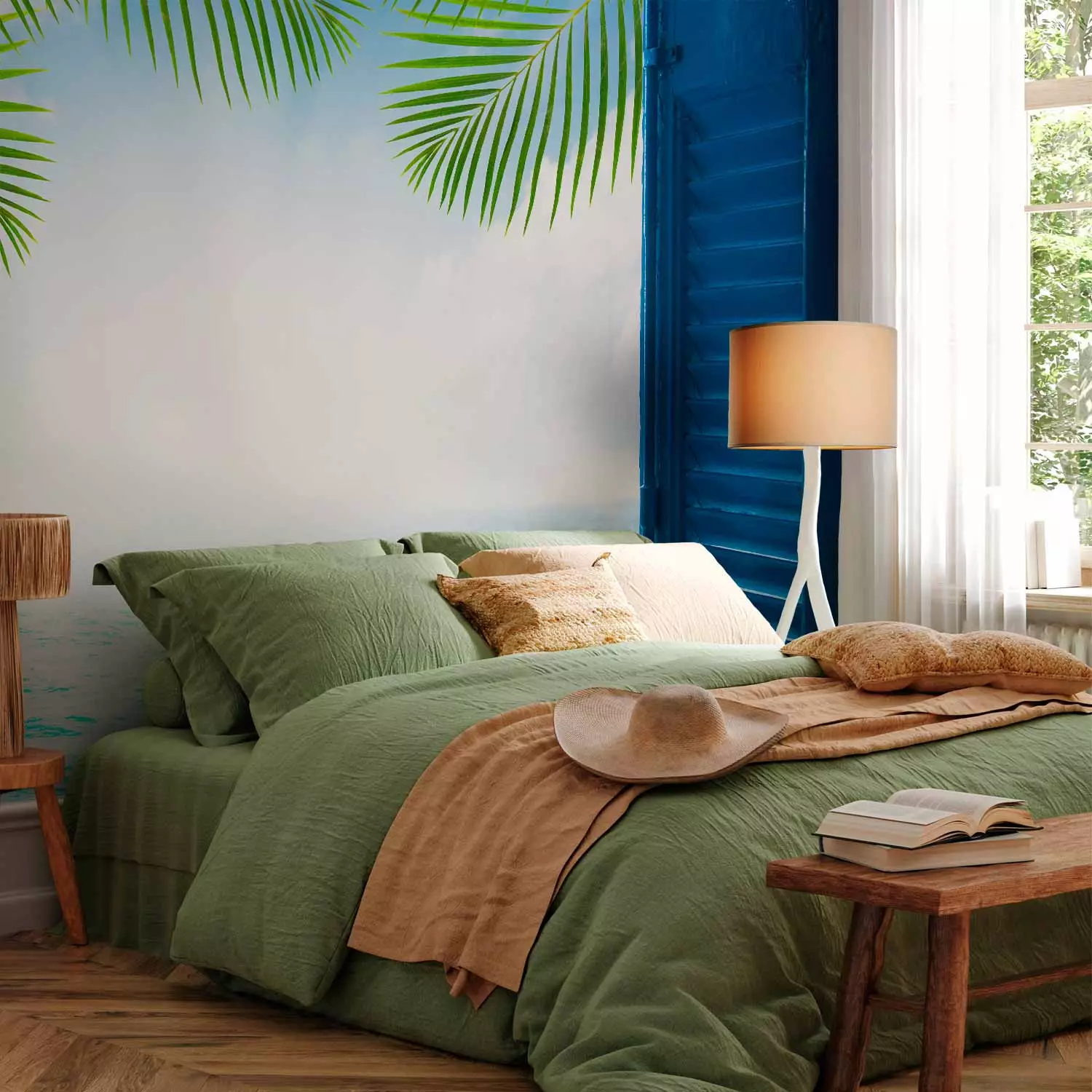 Wall Mural Ocean view - open wooden shutters overlooking palm trees