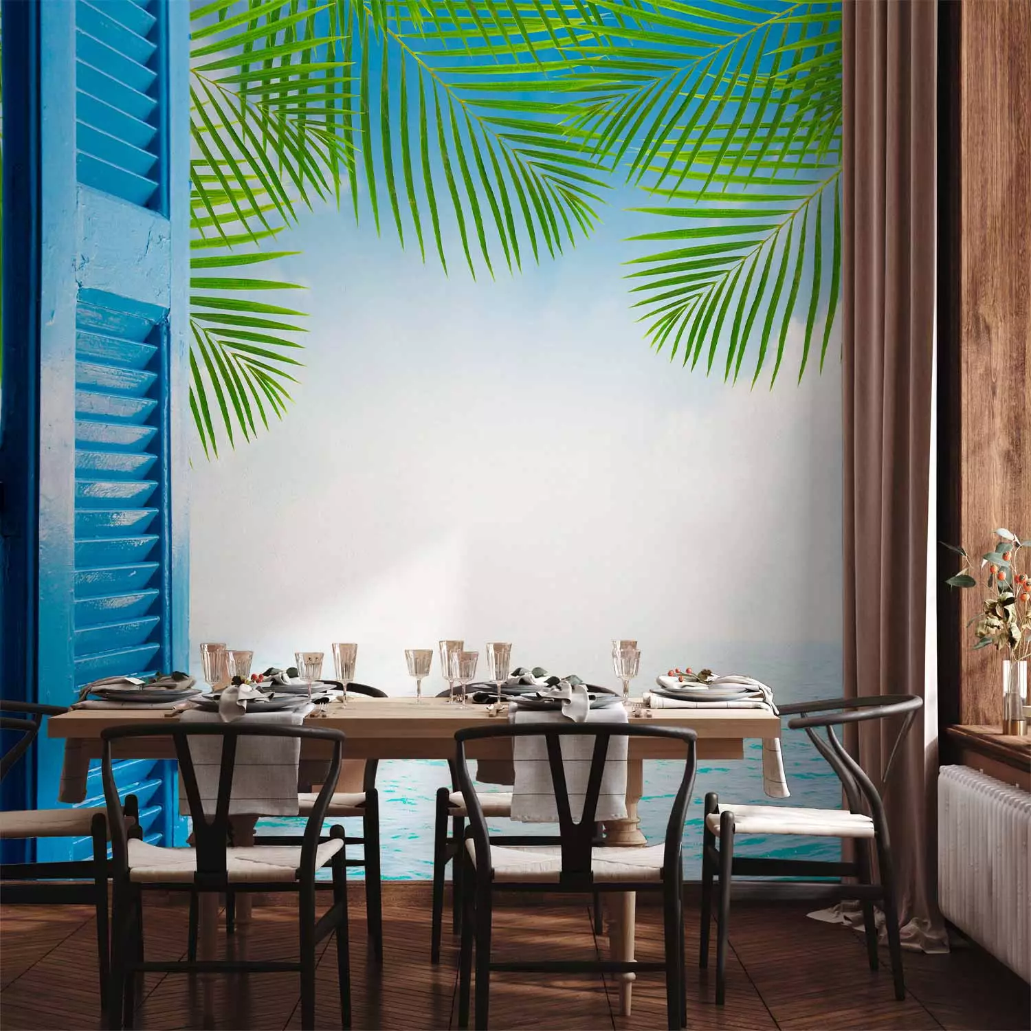 Wall Mural Ocean view - open wooden shutters overlooking palm trees