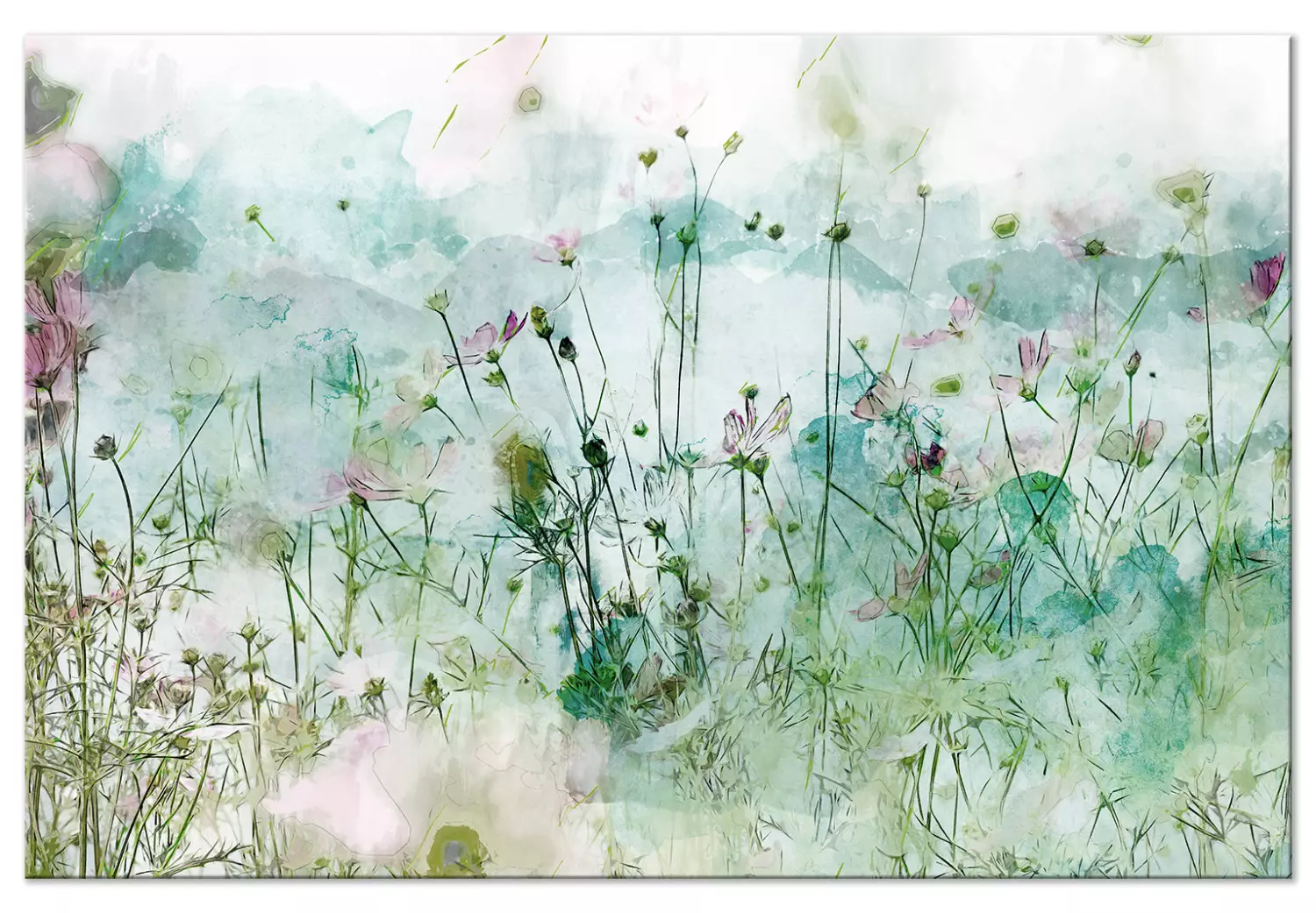 Large canvas print On the Green Meadow - Pastel nature landscape with flowers in soft green tones