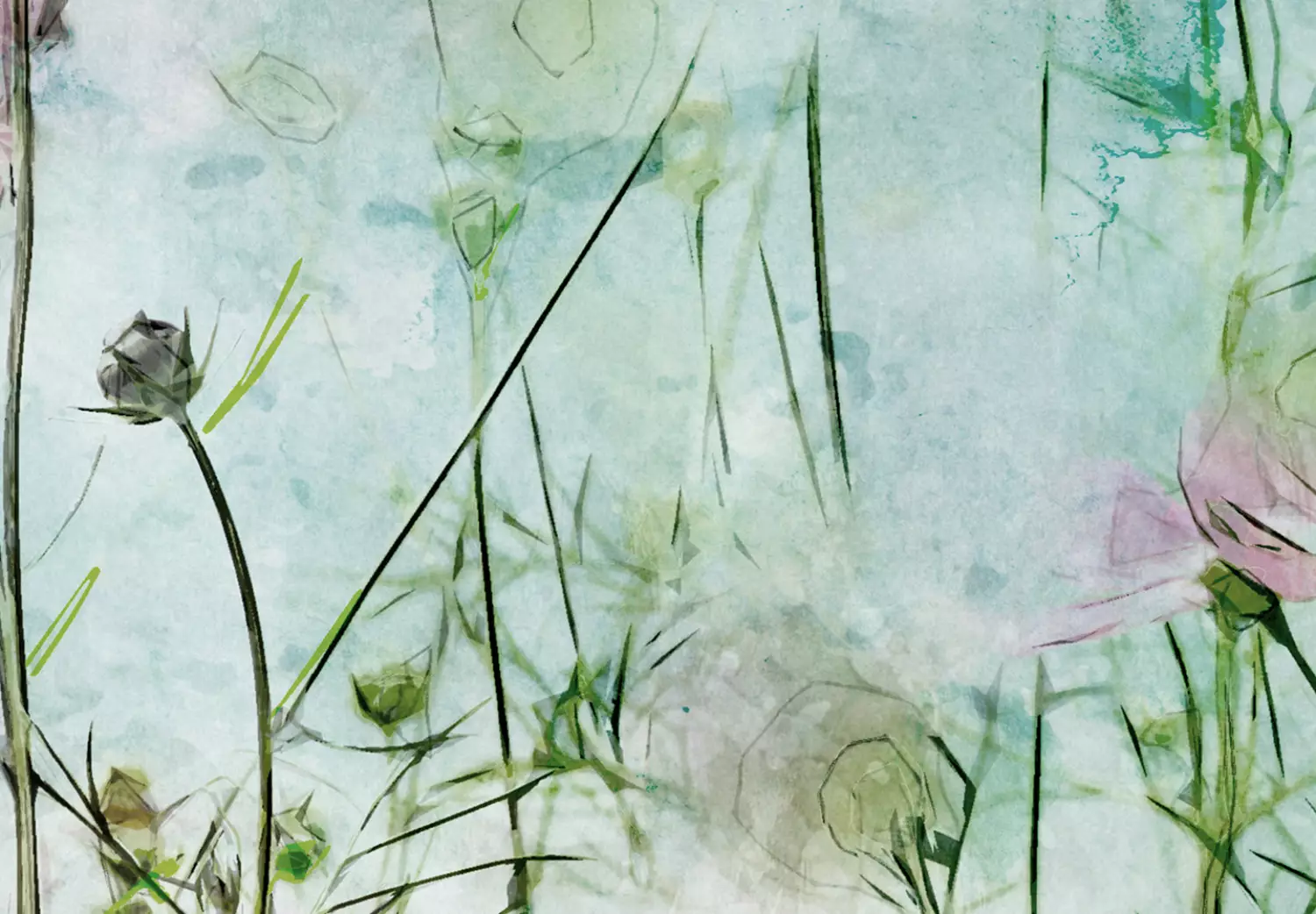 Large canvas print On the Green Meadow - Pastel nature landscape with flowers in soft green tones