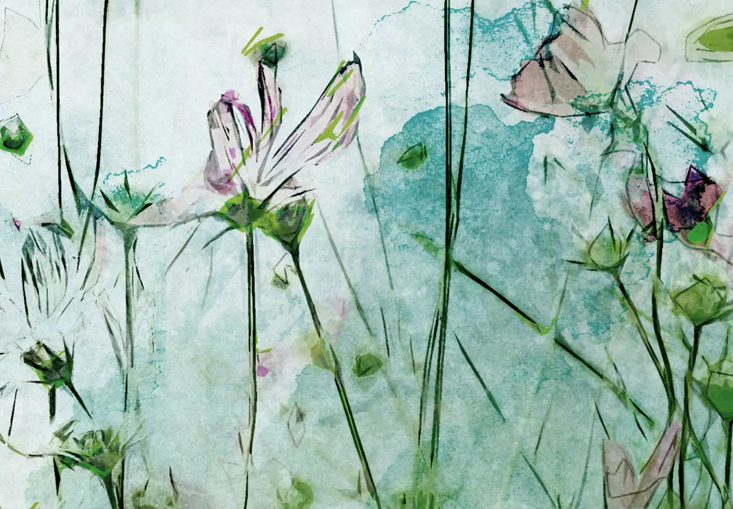 Large canvas print On the Green Meadow - Pastel nature landscape with flowers in soft green tones