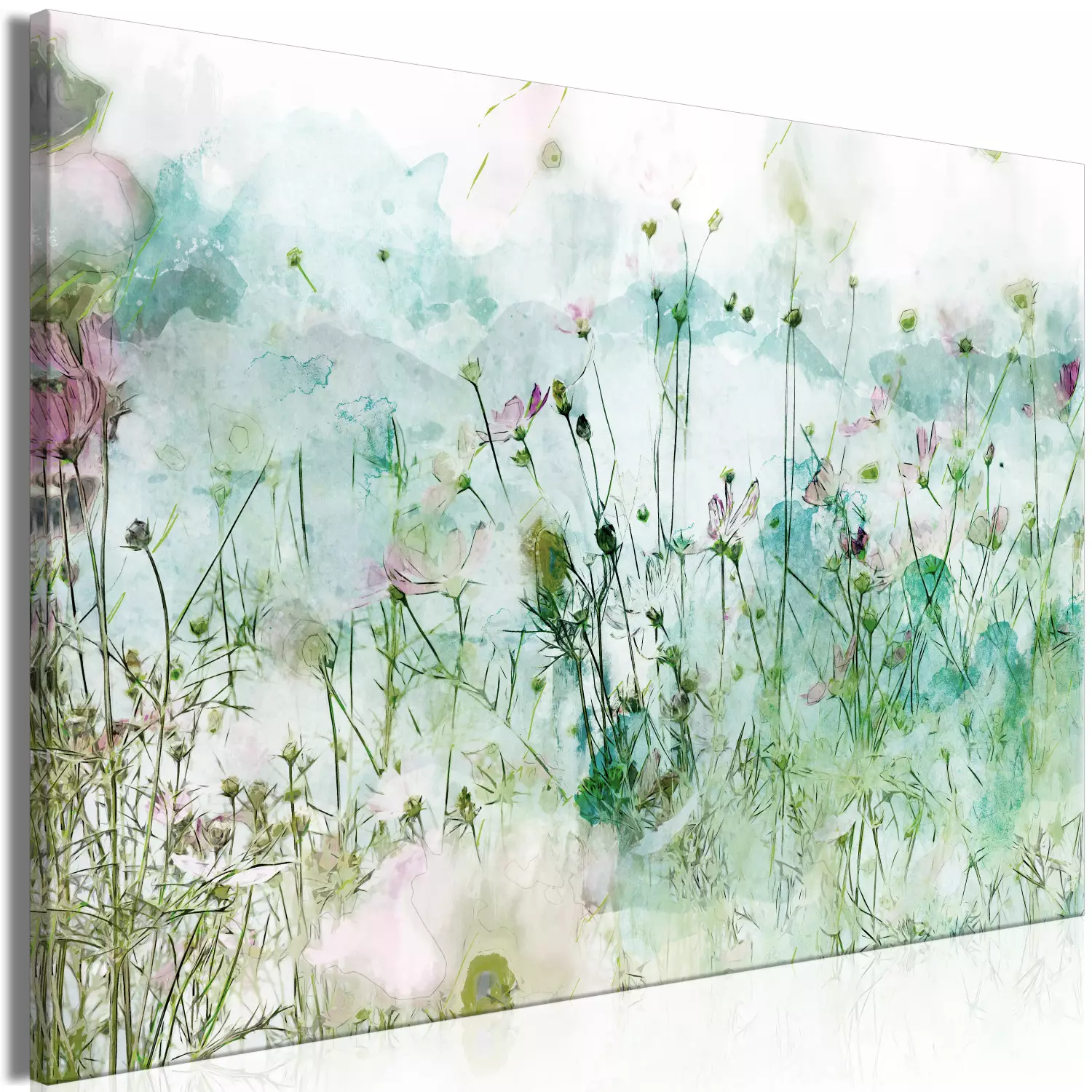Large canvas print On the Green Meadow - Pastel nature landscape with flowers in soft green tones