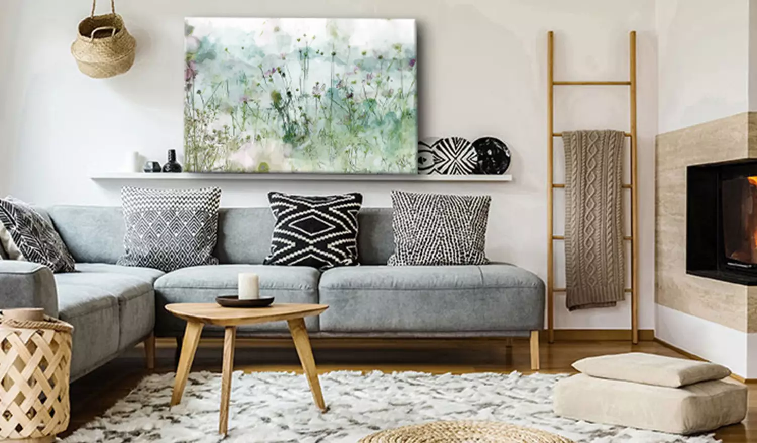 Large canvas print On the Green Meadow - Pastel nature landscape with flowers in soft green tones
