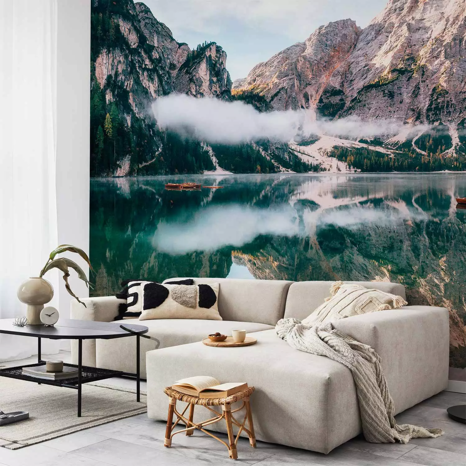 Wall Mural Dolomites and a Lake - Landscape With a Wooden House and Boats Against the Background of Mountains