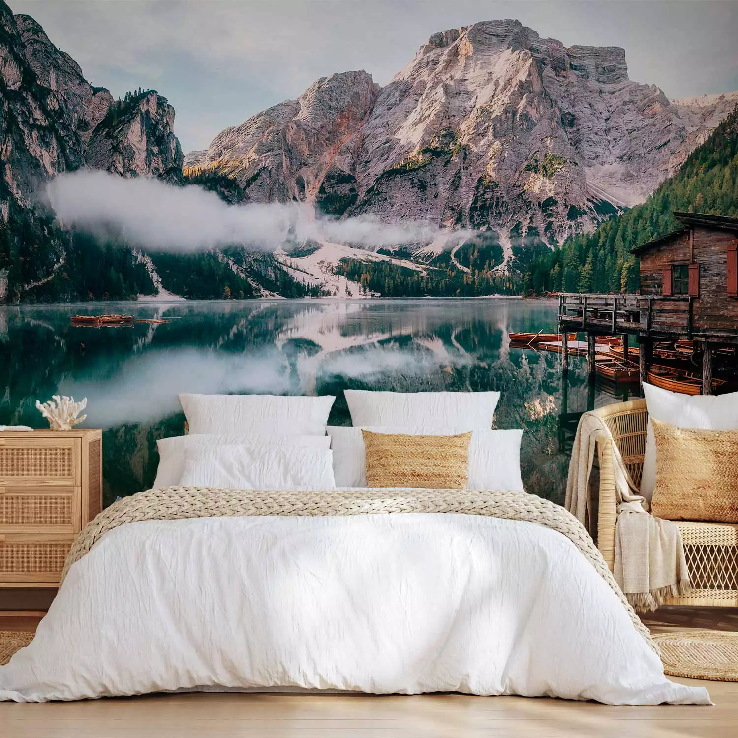 Wall Mural Dolomites and a Lake - Landscape With a Wooden House and Boats Against the Background of Mountains