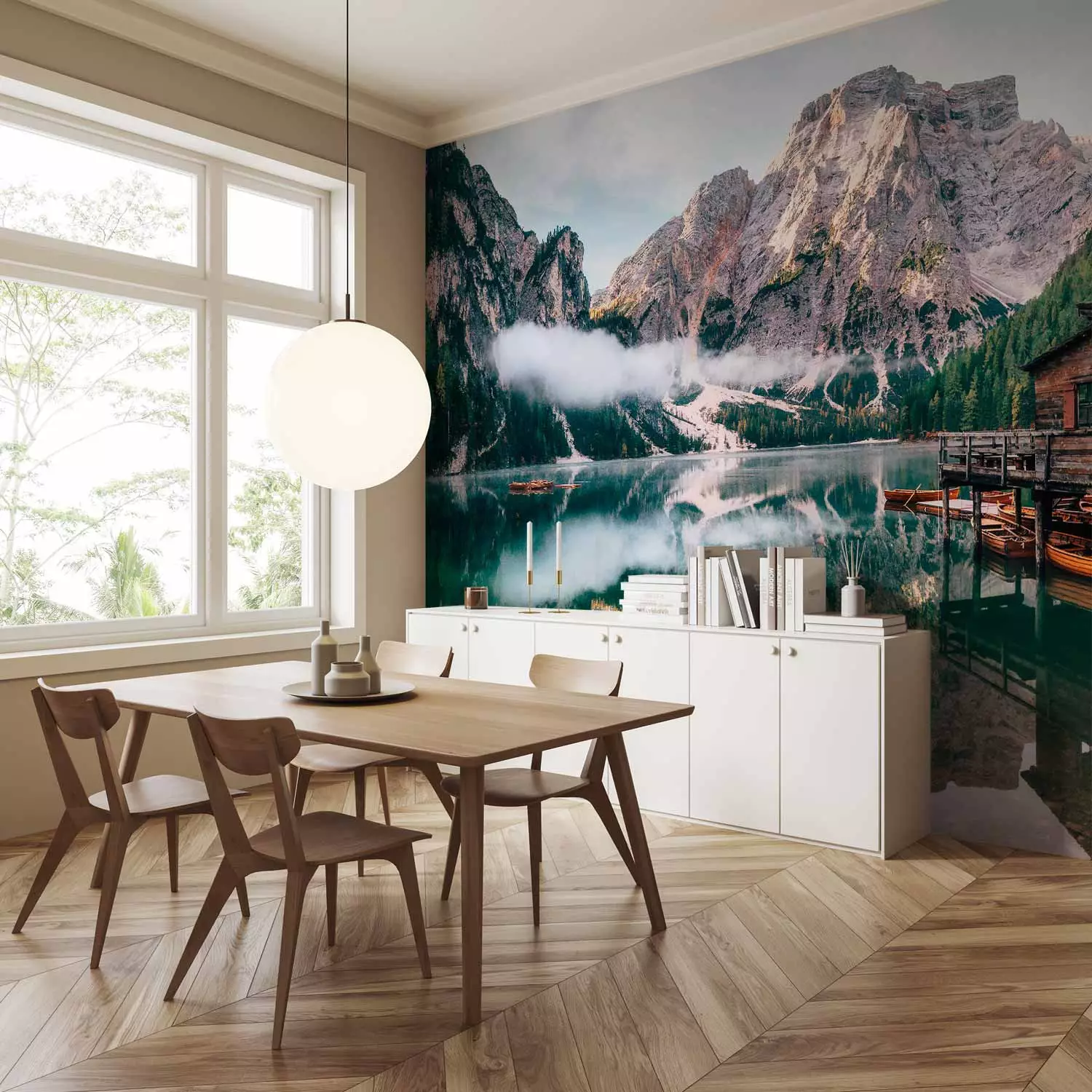 Wall Mural Dolomites and a Lake - Landscape With a Wooden House and Boats Against the Background of Mountains