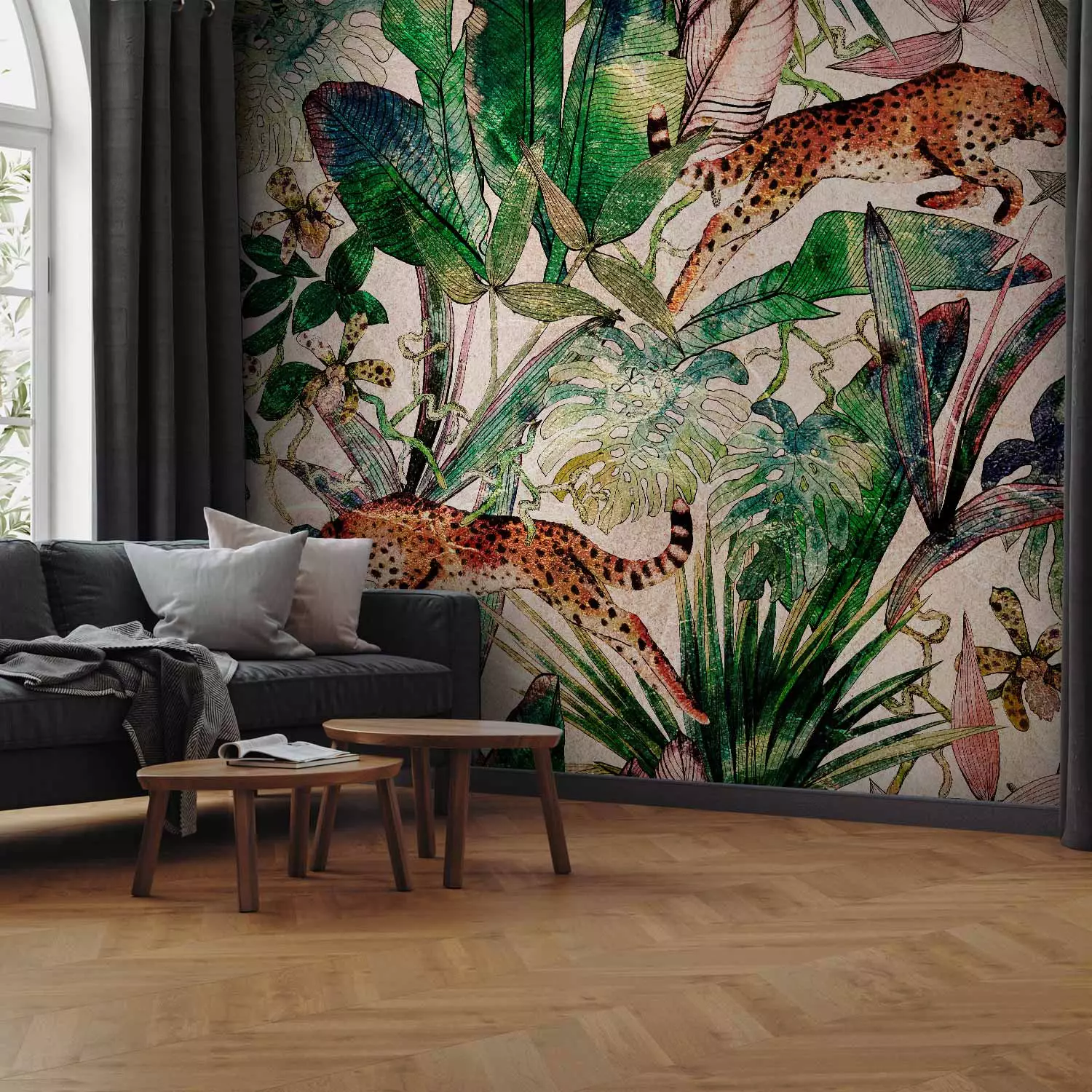 Wall Mural Predators in the Jungle - Cheetahs Jumping Among Exotic Vegetation