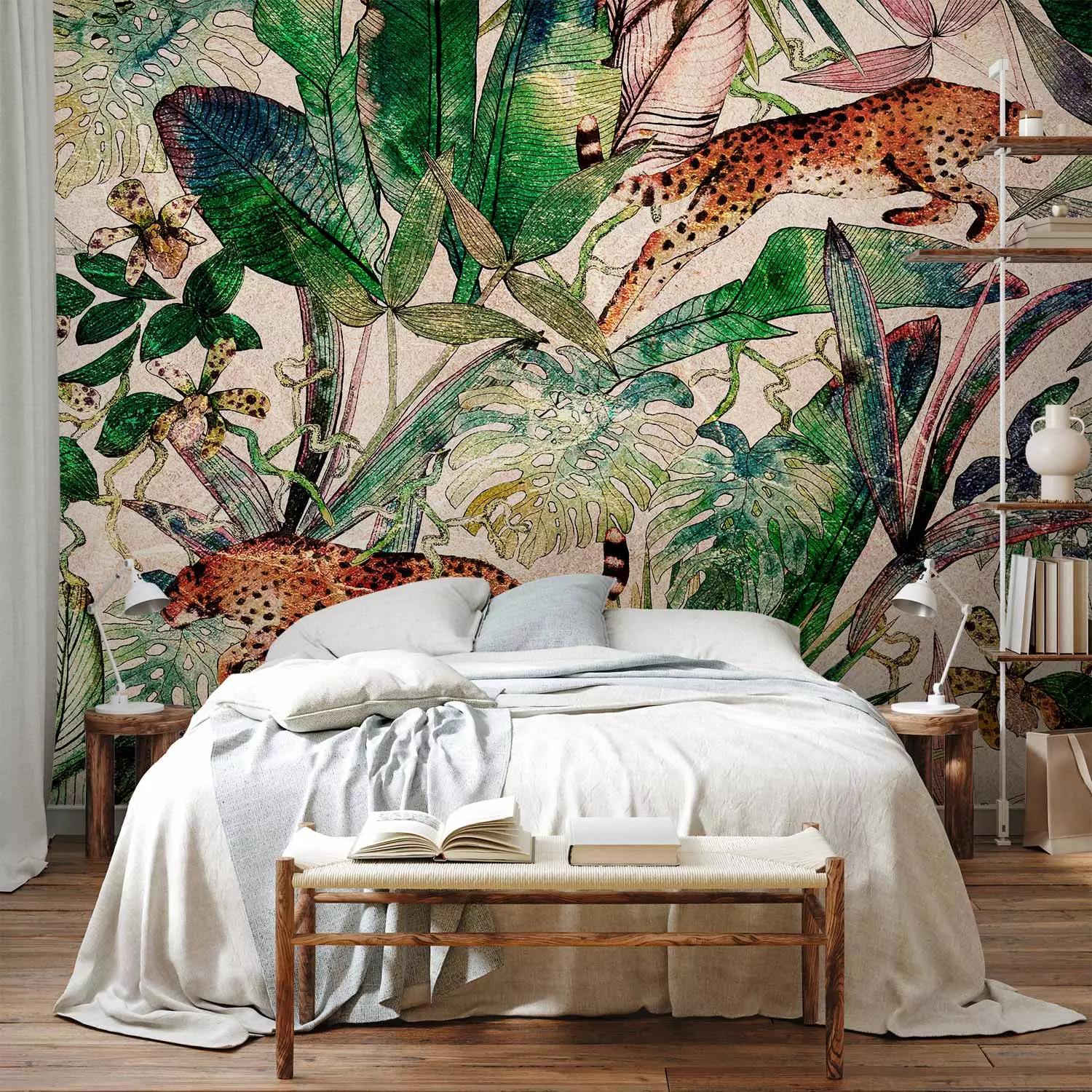 Wall Mural Predators in the Jungle - Cheetahs Jumping Among Exotic Vegetation