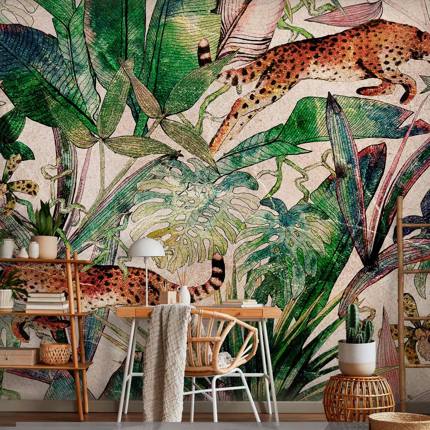 Wall Mural Predators in the Jungle - Cheetahs Jumping Among Exotic Vegetation