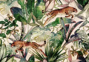 Wall Mural Predators in the Jungle - Cheetahs Jumping Among Exotic Vegetation Wallpaper Cropper
